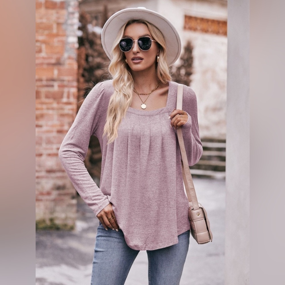 Double Take Pleated Curved Hem Long Sleeve Top